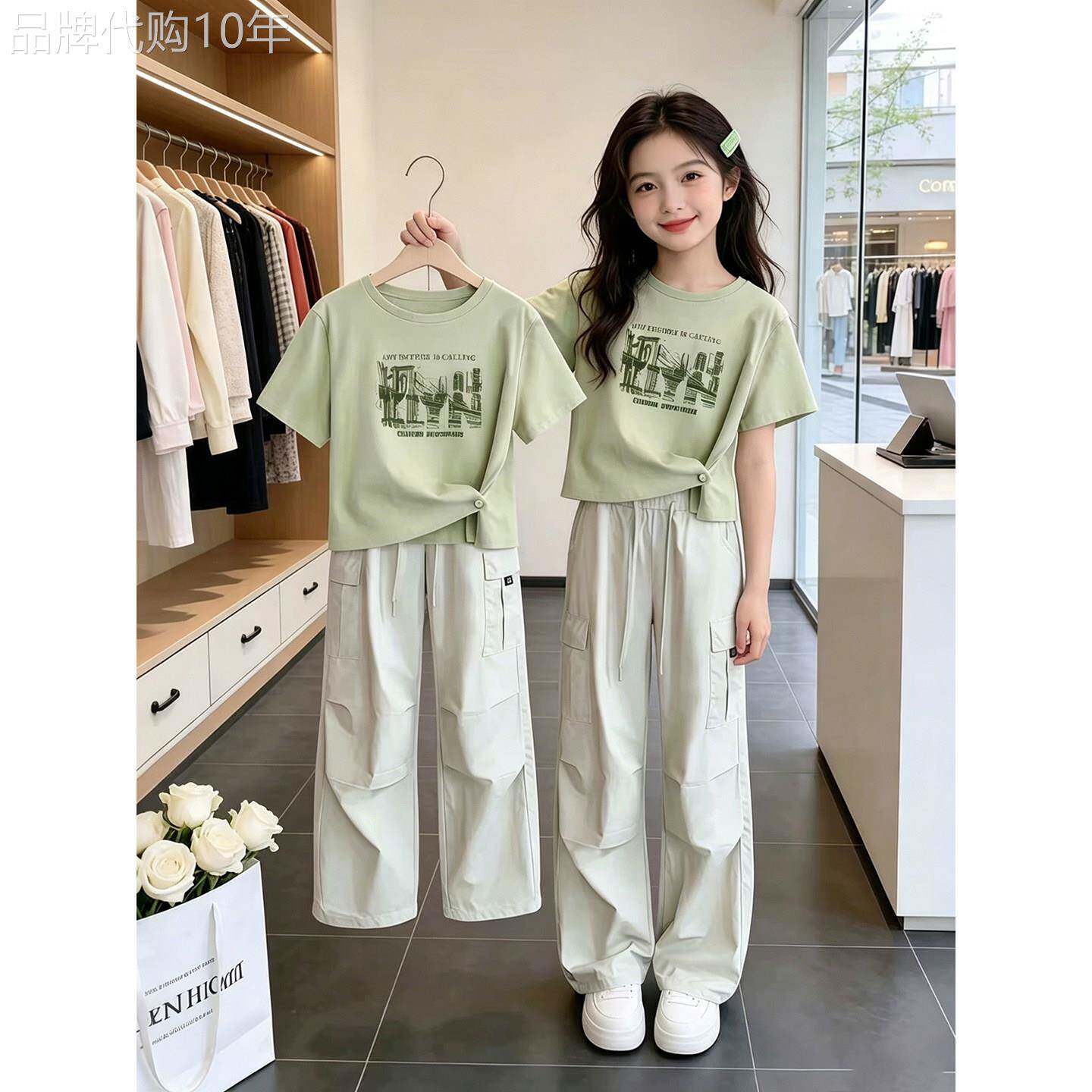 法国Uamtor女童2026新款夏季儿童短袖t恤女大童薄款工装裤子衣服