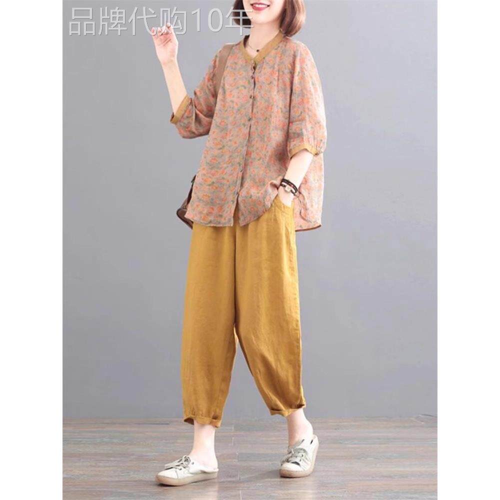 时尚品牌棉麻女士夏装瘦妈妈韩式时尚大码宽松文艺覆古亚麻两件套