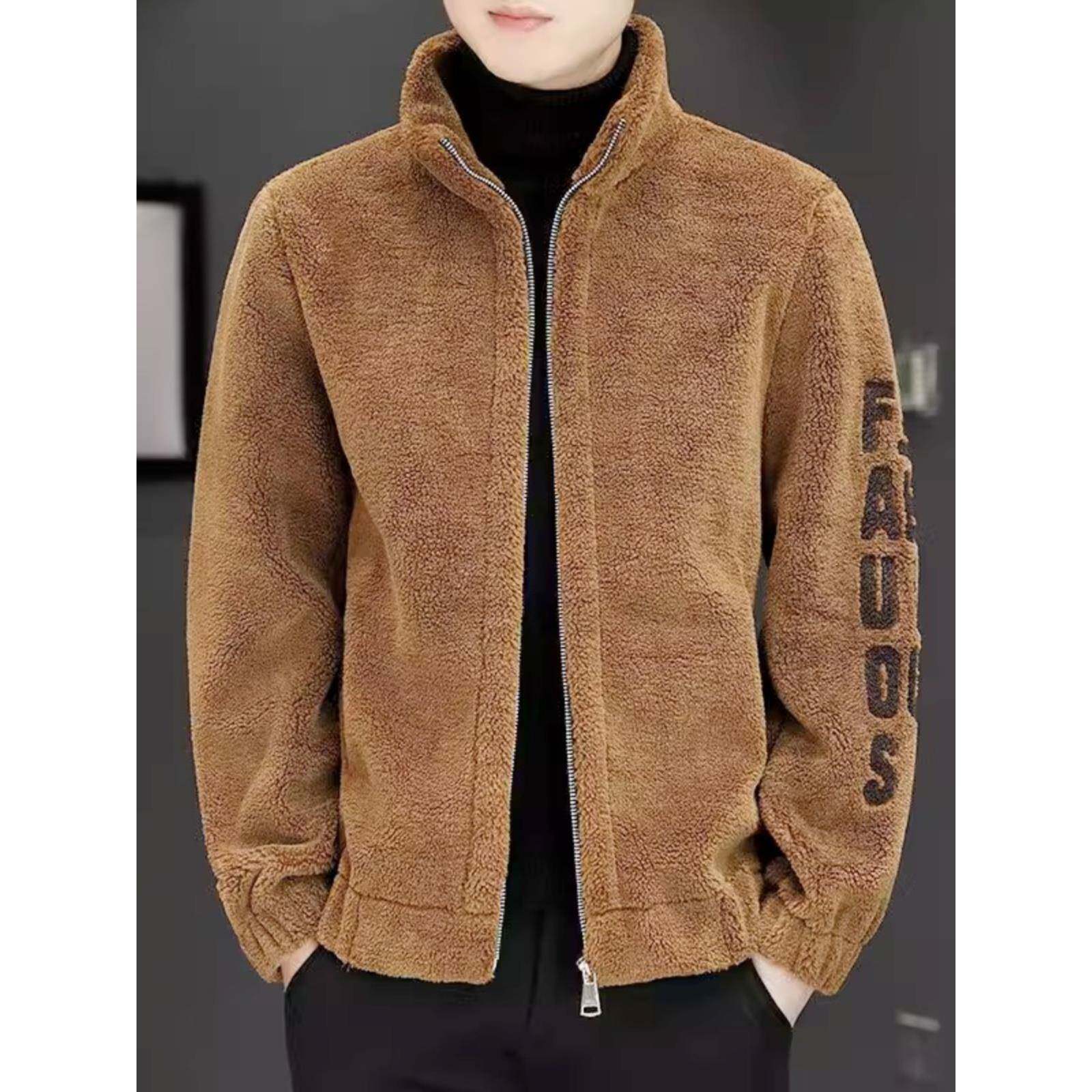 羊羔绒棉服男士加厚连帽保暖外套秋冬季新款加绒刺绣休闲夹克男装