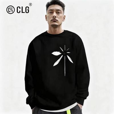 香港CLG潮牌圆领卫衣男装2025新款秋冬季美式潮百搭无帽长袖外套