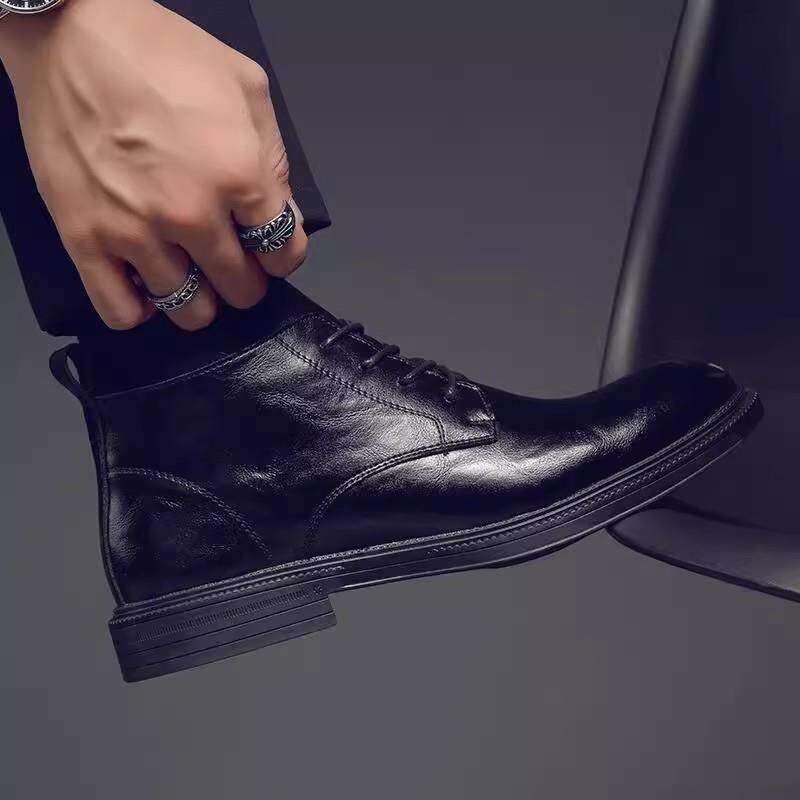 Houston Shoes 新款皮鞋男加绒中低帮真皮尖头马丁靴商务正装皮鞋