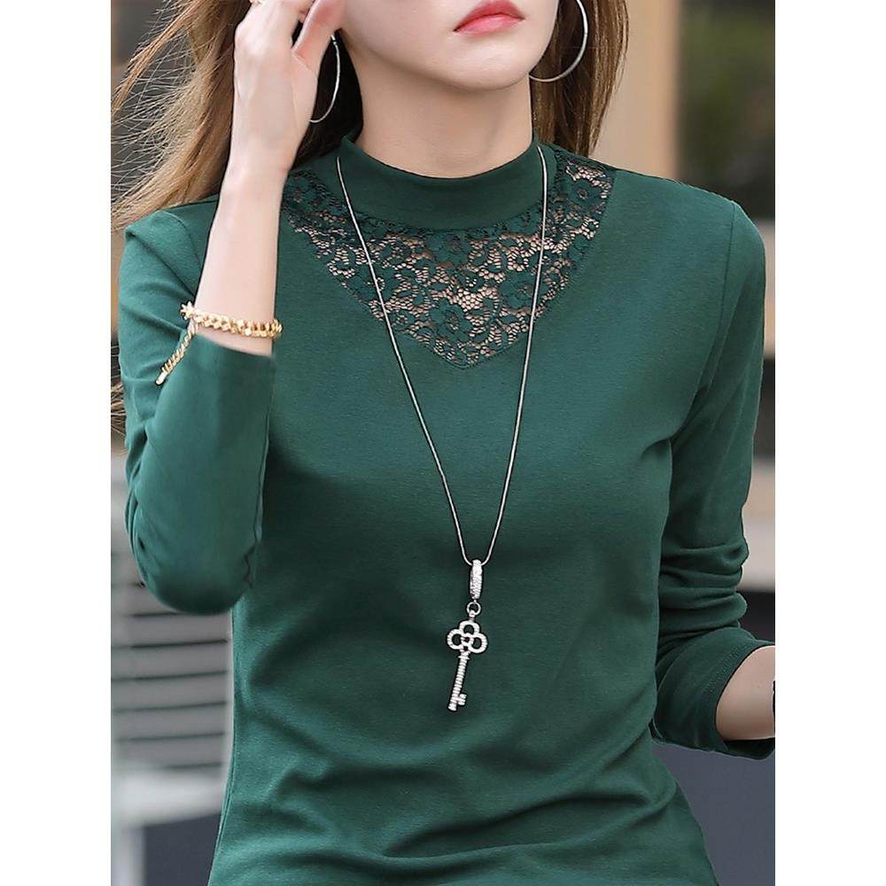 韩国纯棉半高领打底衫女款春秋冬内搭蕾丝镂空洋气加绒厚长袖t恤