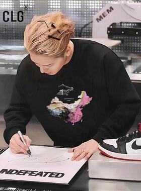 香港CLG潮牌新款美式印花休闲圆领卫衣明星同款潮流重磅黑色上衣