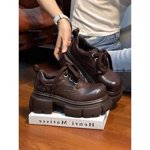 香港真皮厚底小皮鞋女2025秋冬新款英伦风德比鞋小个子增高乐福鞋