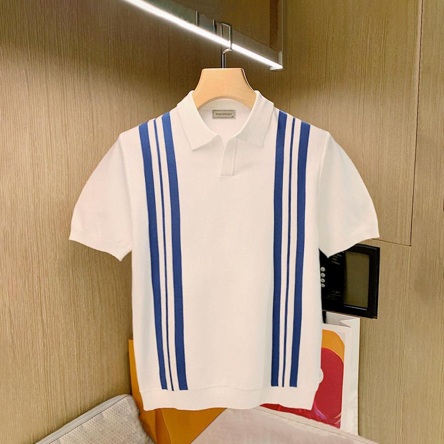 MUSONMU男士休闲上衣短袖t恤 夏季时尚商务拼色条纹针织polo衫男