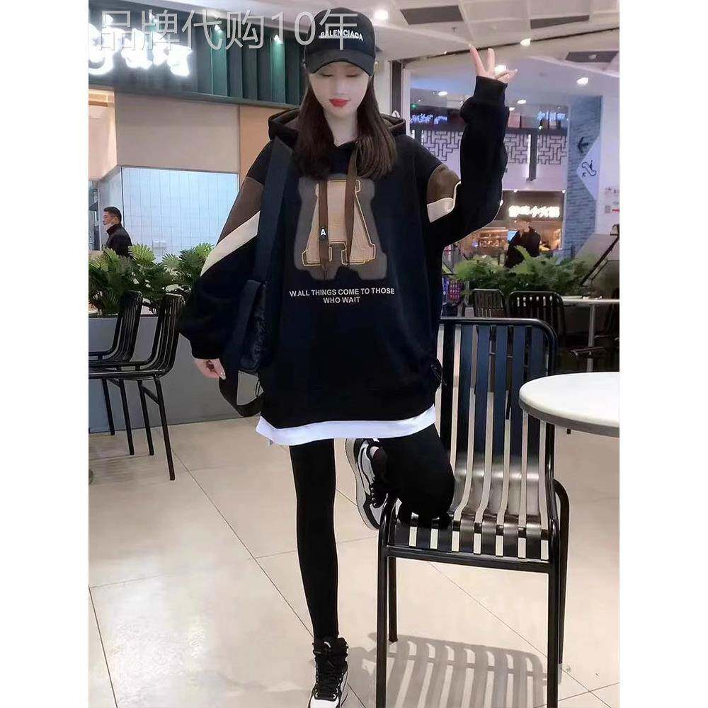 卫衣女新款2025爆款时尚洋气秋冬加绒加厚连帽假两件中长款外套女