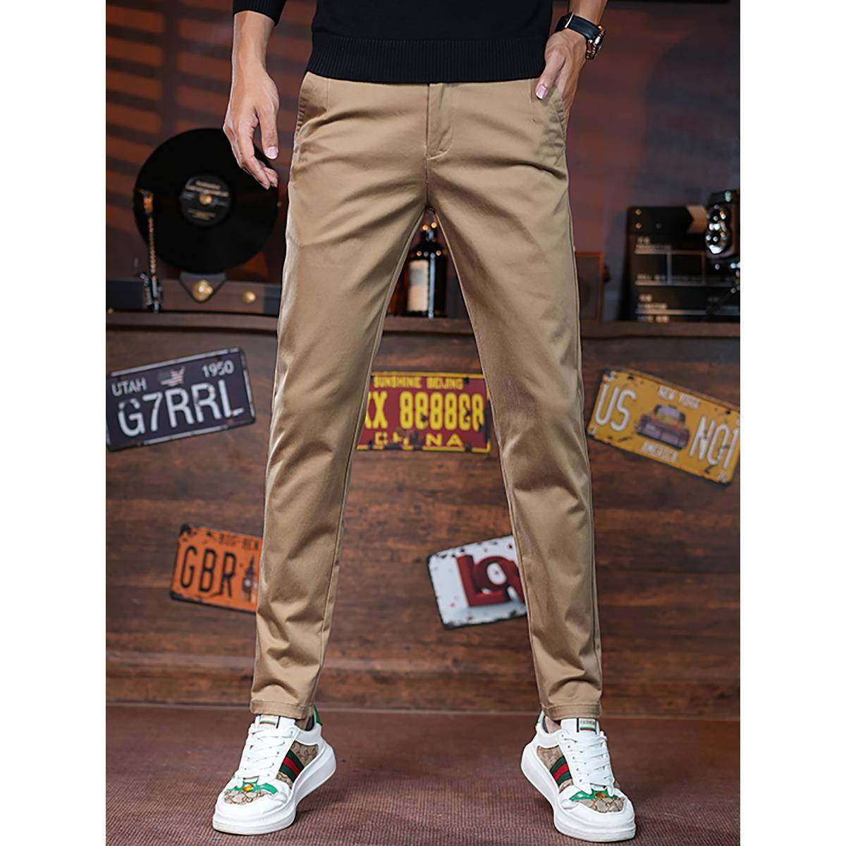 意大利高端轻奢秋冬卡其色休闲裤男修身小直筒弹力商务西装裤子