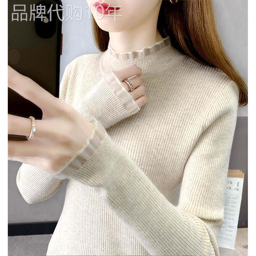 【羊绒】打底衫女秋冬洋派2025新款加绒毛衣针织高领内搭蕾丝衫
