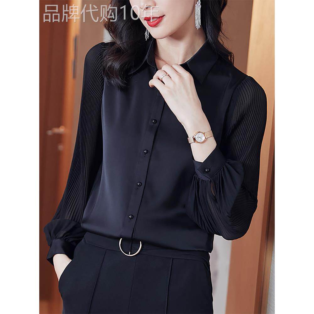 黑色经典长袖女式衬衫2025春季和秋季新款可访问豪华缎面衬衫优雅