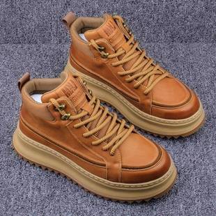 潮牌2025秋冬季新款高帮男鞋真皮工装靴复古英伦风皮鞋厚底马丁靴