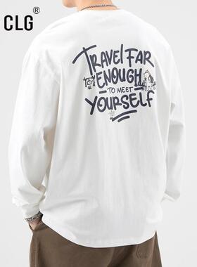 香港CLG潮牌白色重量级纯棉长袖男士t恤春季新款圆领宽松字母印花