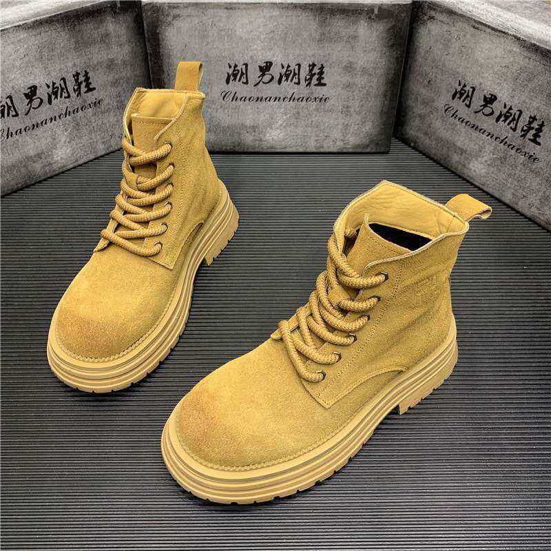 男靴秋冬季反毛皮高帮马丁靴男厚底做旧工装靴系带男士真皮大黄靴