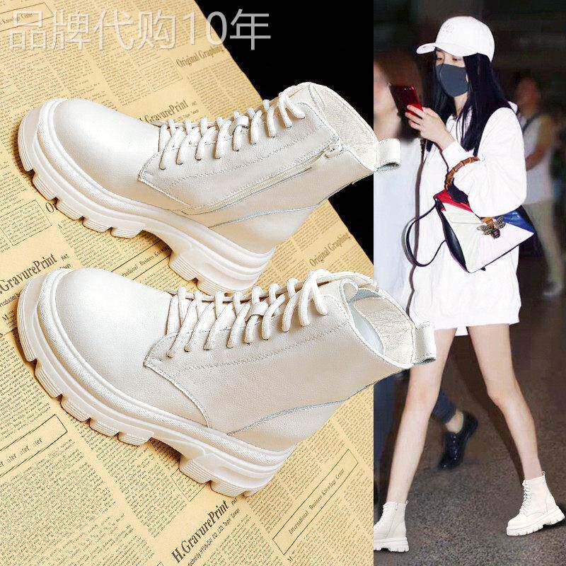 真皮白色马丁靴女2025新春秋季英伦内增高中筒单靴小个子厚底短靴