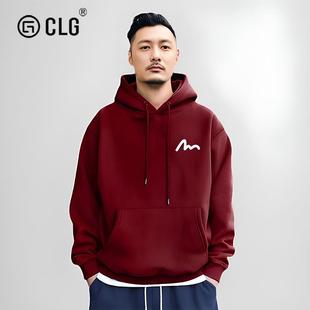 香港CLG潮牌秋冬连帽卫衣日系纯棉男酒红色本命年简约小M印花外套