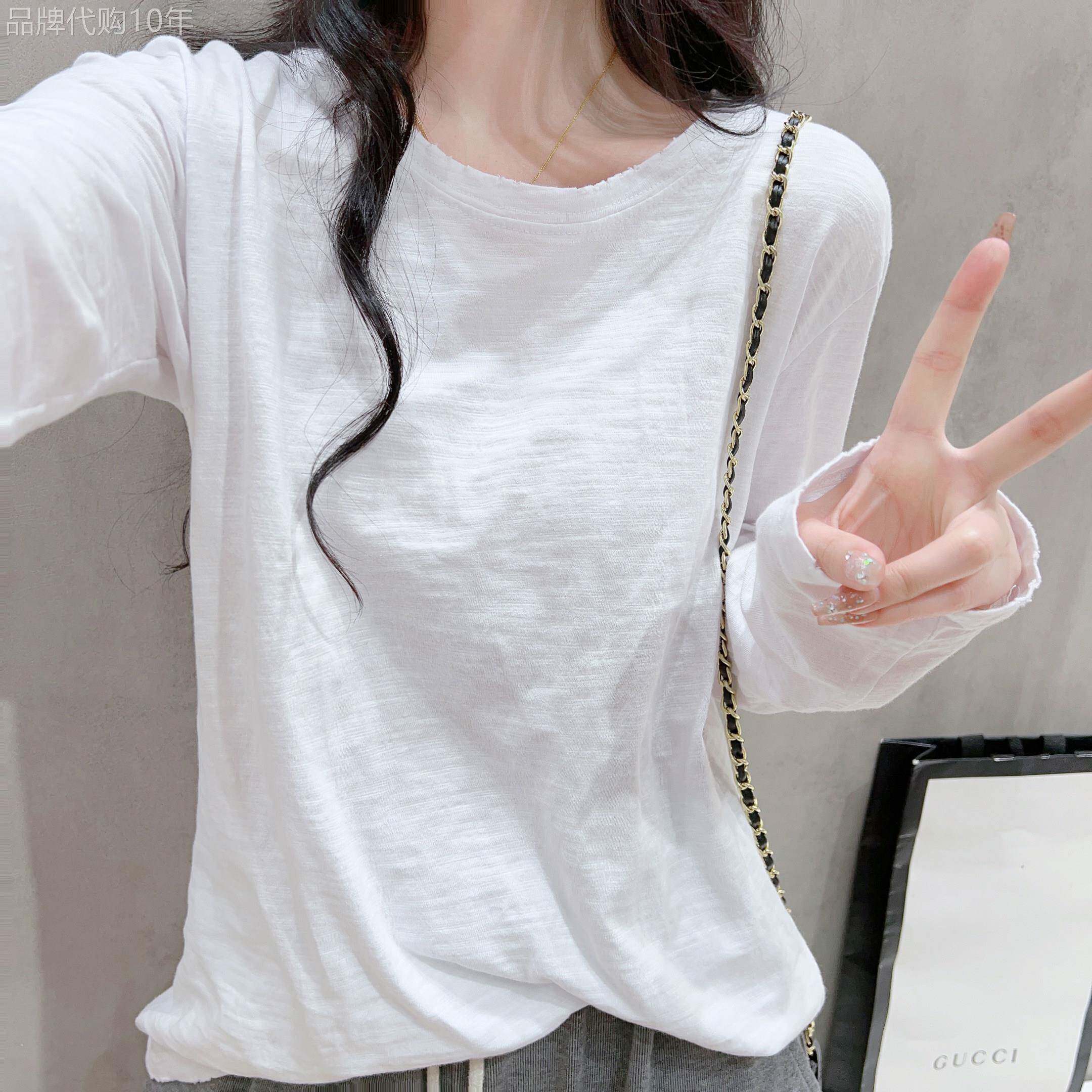 白色圆领长袖T恤女秋季韩版宽松显瘦竹节棉设计感小众打底衫上衣