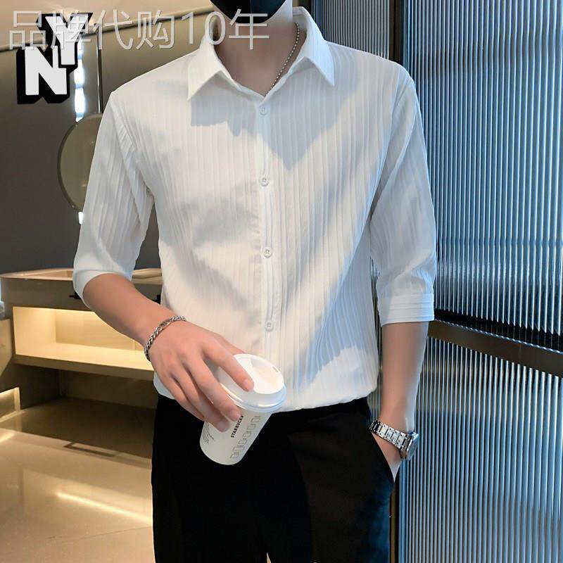 NY轻熟风短袖衬衫男夏季冰丝凉感七分袖衬衣潮流韩版痞帅休闲 上