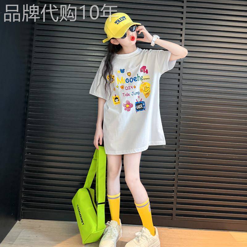 韩国Uamtor短袖t恤女童中长版遮屁股洋派上衣夏季女大童薄款T恤