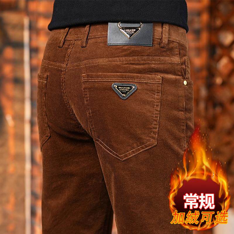 香港高端加绒灯芯绒男士休闲裤秋冬款潮流修身小脚条绒百搭长裤子