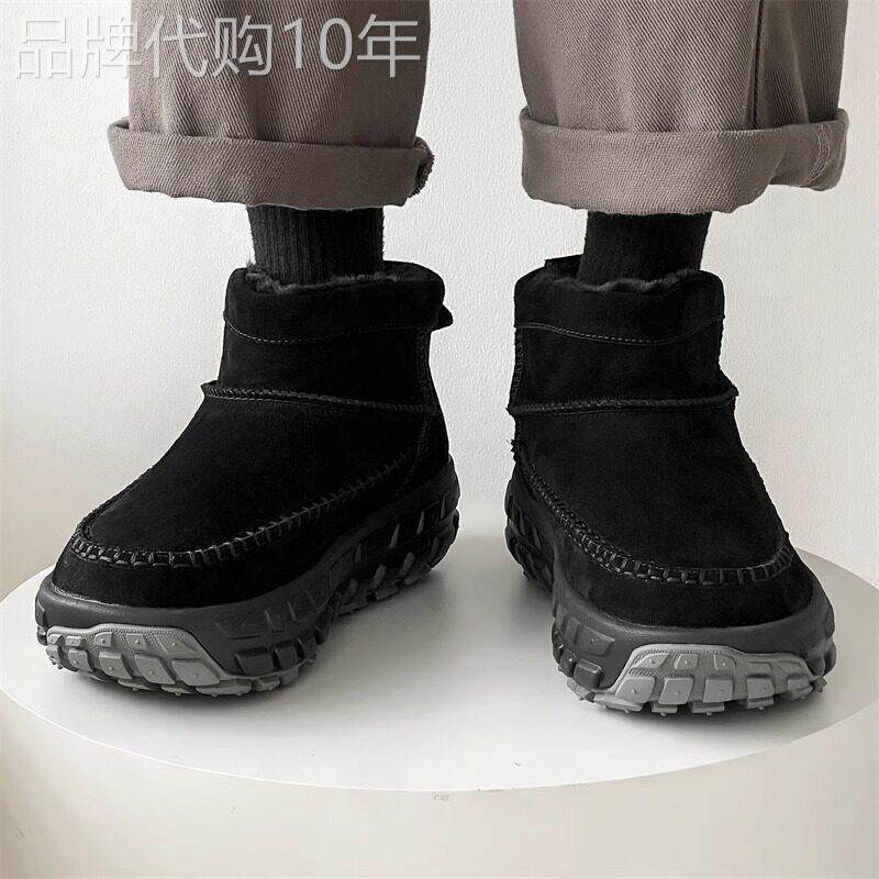 潮牌雪地靴男厚底冬季加绒加厚东北真皮羊毛棉鞋情侣款防滑面包鞋