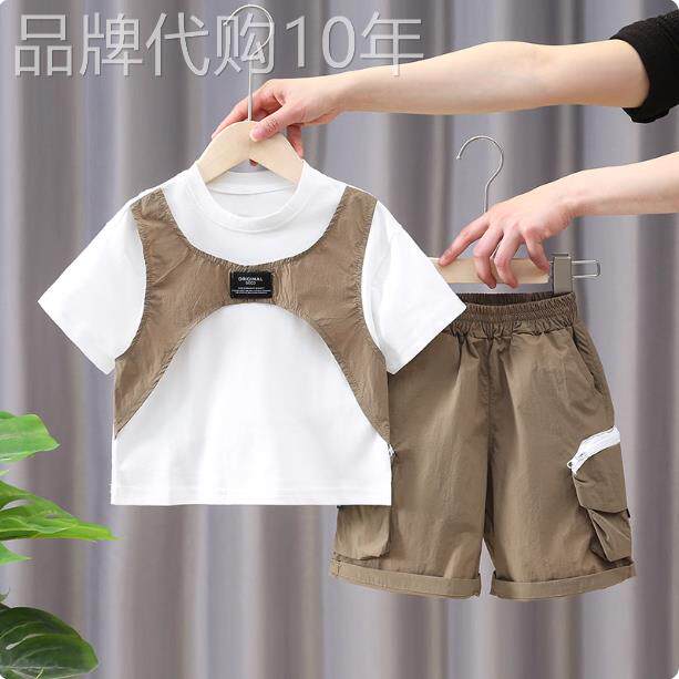 韩国洋派男童夏季套装2026新款儿童假两件短袖幼儿夏季服饰两件套
