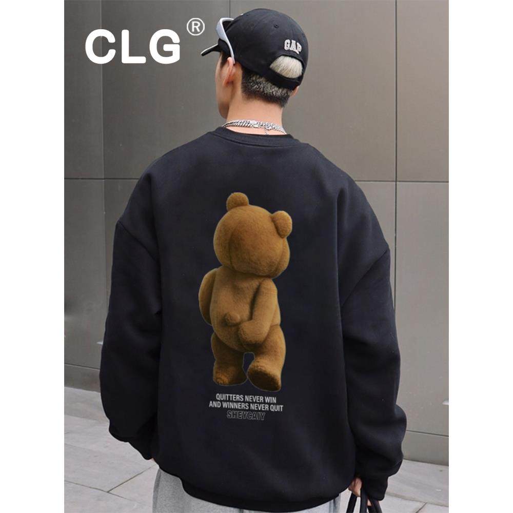 香港时尚品牌春秋冬圆领运动衫男士美式覆古熊经典印花夹克纯棉百