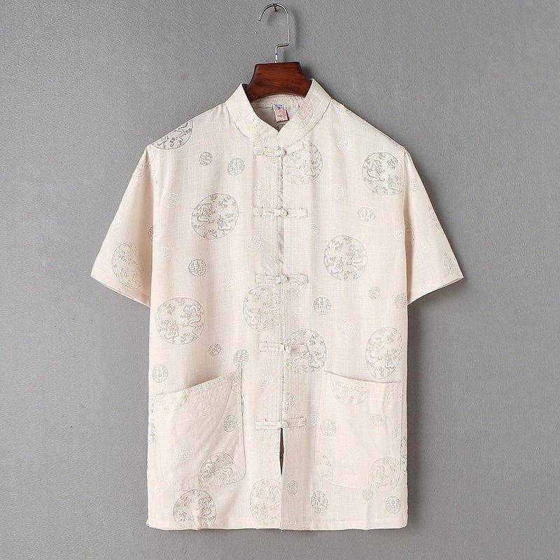 中式唐装衬衫男2026夏季中老年亚麻短袖汉服爸爸半袖棉麻宽松上衣