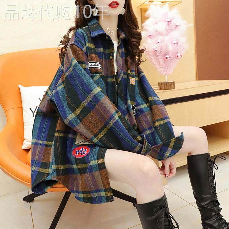 格子磨毛衬衫女春秋2025欧货高端日系覆古小个子中长版衬衫外套