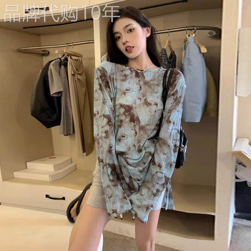 扎染开叉防晒长袖T恤女夏季新款欧货高级感大码胖妹妹mm宽松上衣