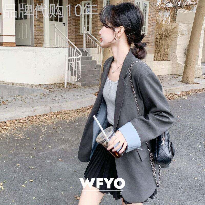 WFYO/袖口拼接灰色西装外套女宽松显瘦垂感气质面试西服休闲时尚