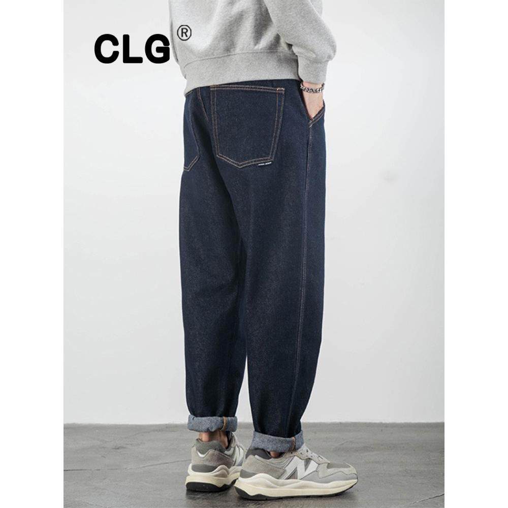 香港时尚品牌日式覆古深色牛仔裤男士宽松休闲直筒大号原色水洗灯