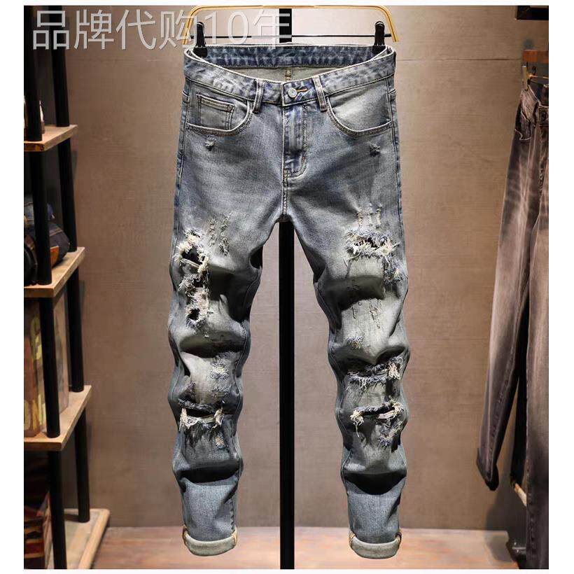 美式高街破洞牛仔裤男春夏款浅蓝色弹力修身小脚破烂修补程式乞丐