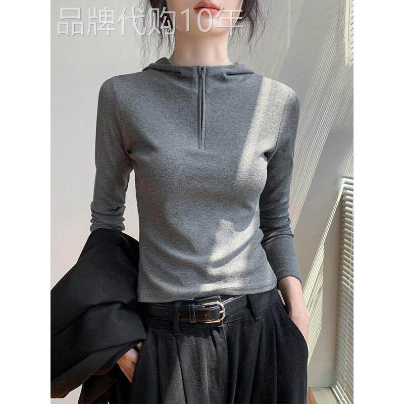 连帽卫衣长袖t恤女春秋季2025新款修身显瘦设计感内搭打底衫上衣