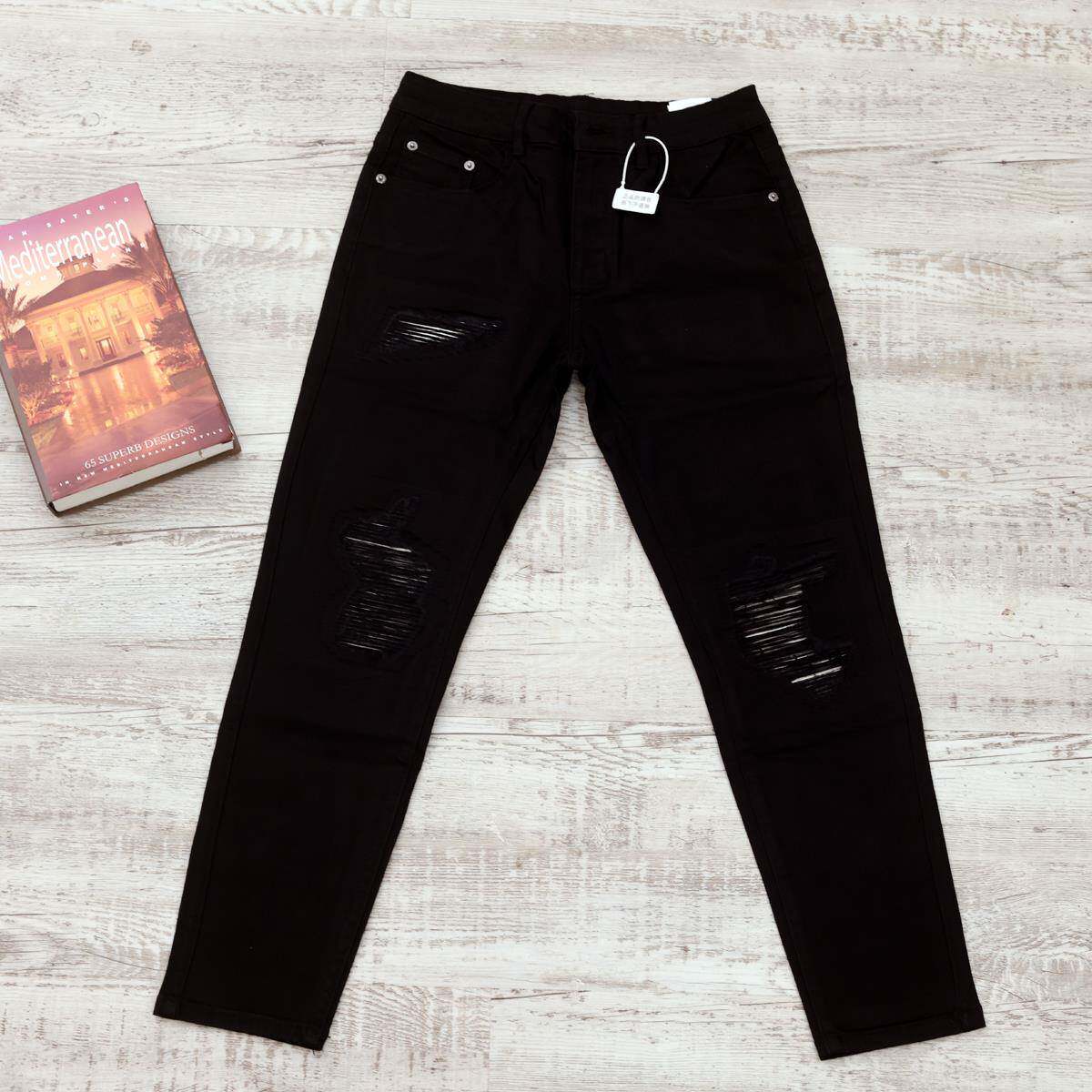 潮牌痞帅破洞黑色牛仔裤潮流修身小脚裤2025秋季新款男士直筒裤子