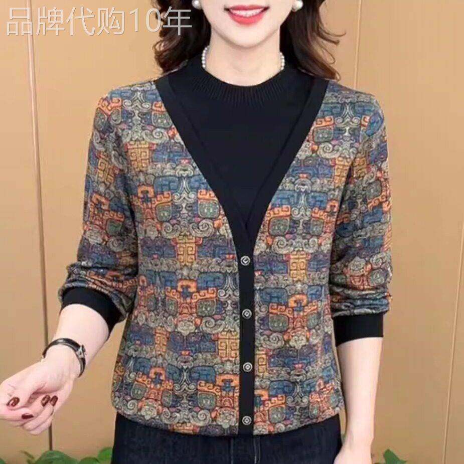 韩国秋季妈妈装假两件印花打底衫女2025秋季圆领拼接长袖小衫宽松