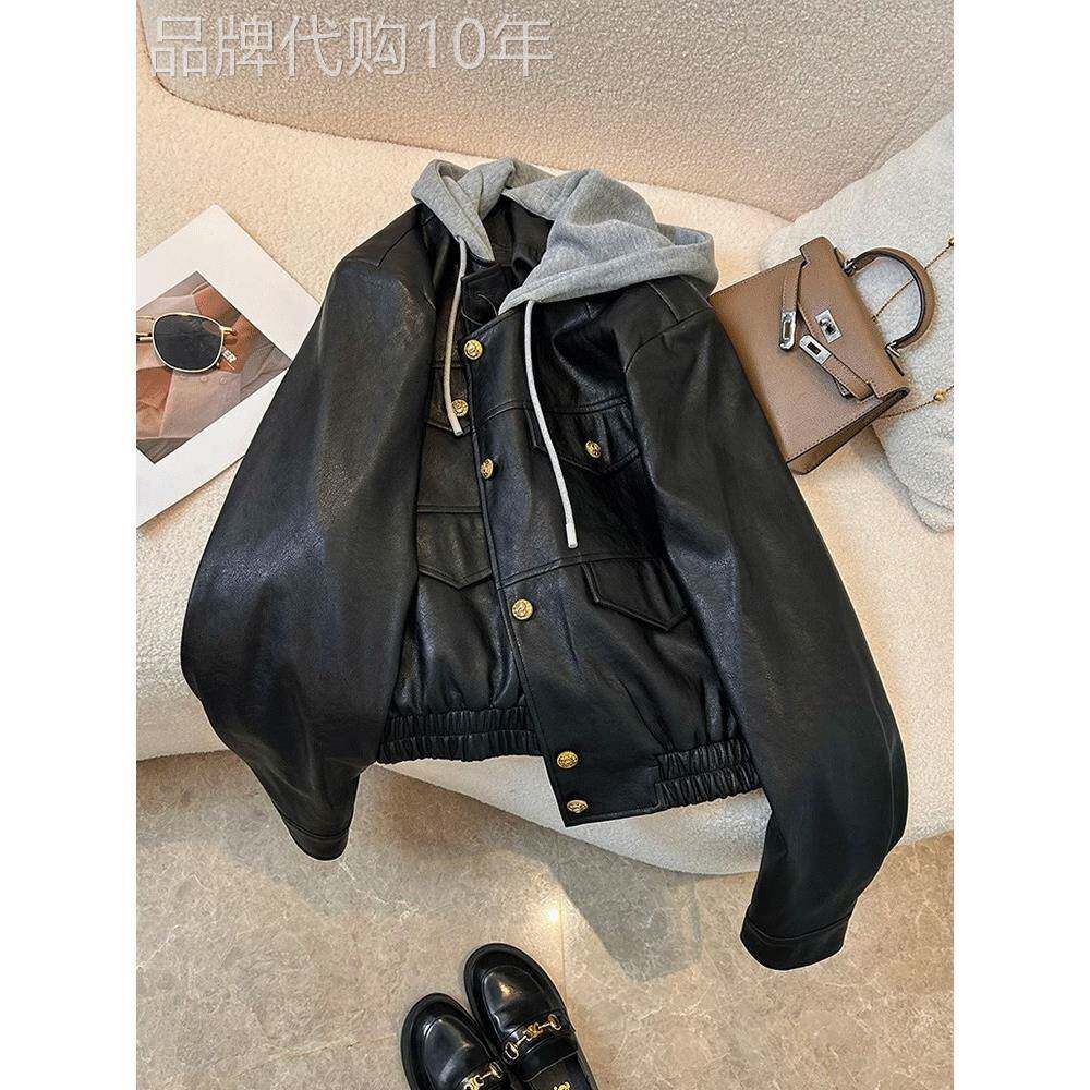 黑色皮衣外套女秋冬2025新款宽松大码小个子连帽机车服皮夹克上衣