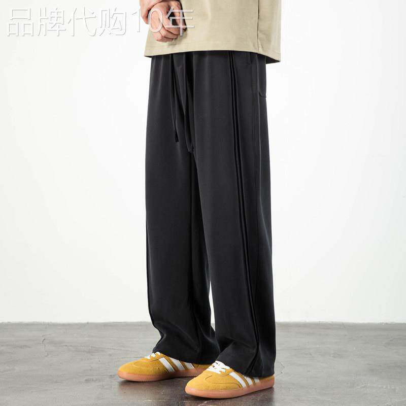 日本品牌夏季薄款黑色休闲裤男宽松直筒垂感冰丝凉感系绳长裤抗皱