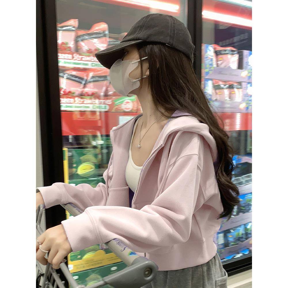 美式连帽卫衣外套女2025新款早秋小个子短款外搭开衫春秋粉色上衣