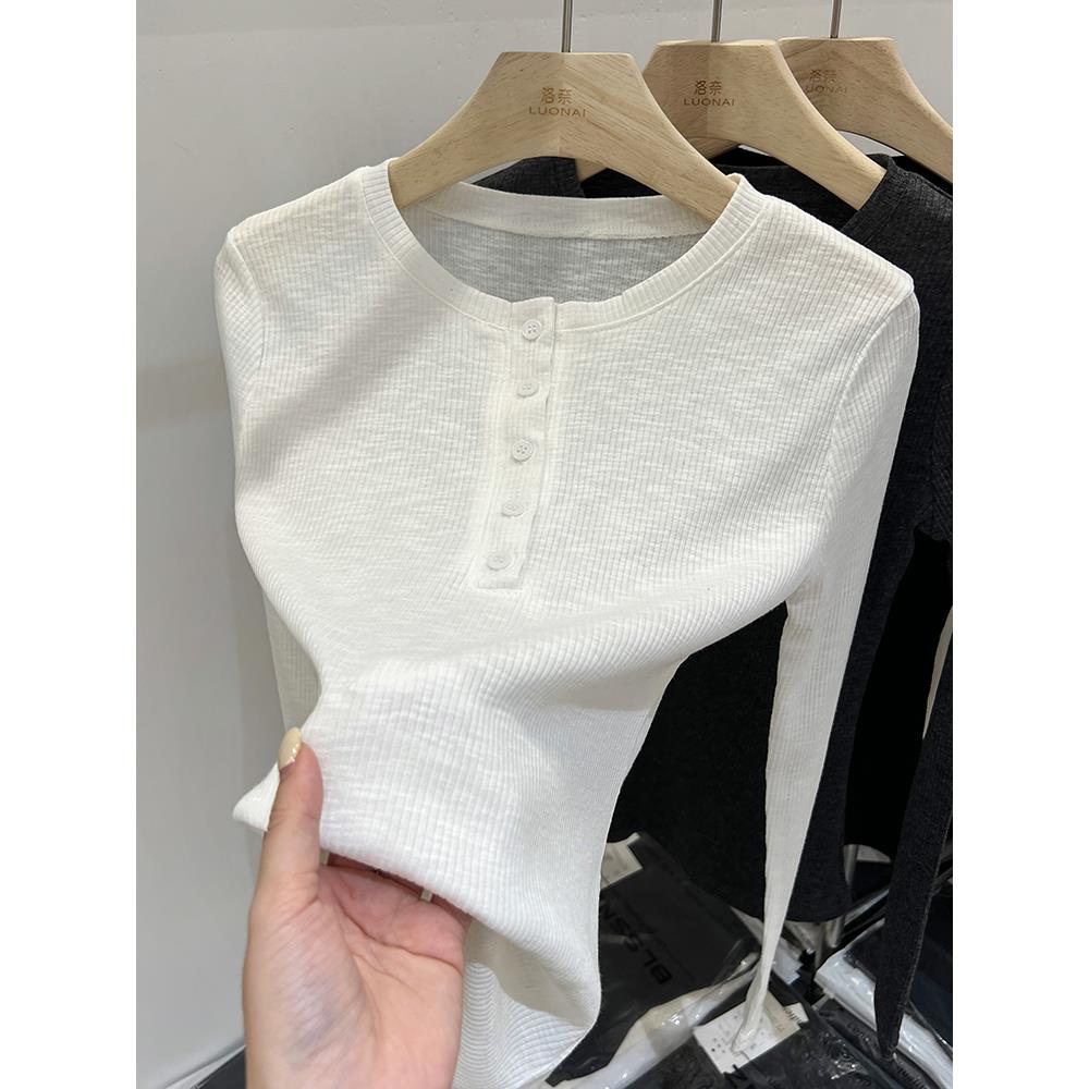 白色半开领螺纹长袖女式t恤2025新款春秋冬紧身别致内搭衬衫上衣