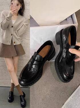 香港马皮手工真皮厚跟女式乐福鞋2025春季新款覆古厚底懒人小皮鞋