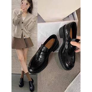 香港马皮手工真皮厚跟女式乐福鞋2025春季新款覆古厚底懒人小皮鞋