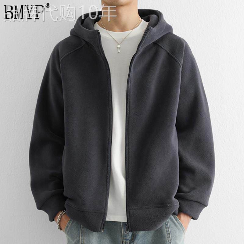 奥粒绒连帽开衫卫衣男士秋冬季加绒加厚潮流休闲内胆夹克外套男款