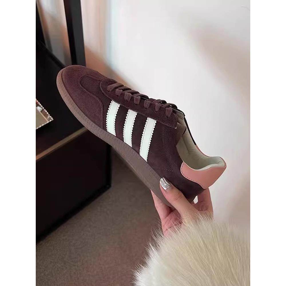 香港2025春秋季高级拼色运动真皮系带德训鞋女休闲平底鞋系带板鞋