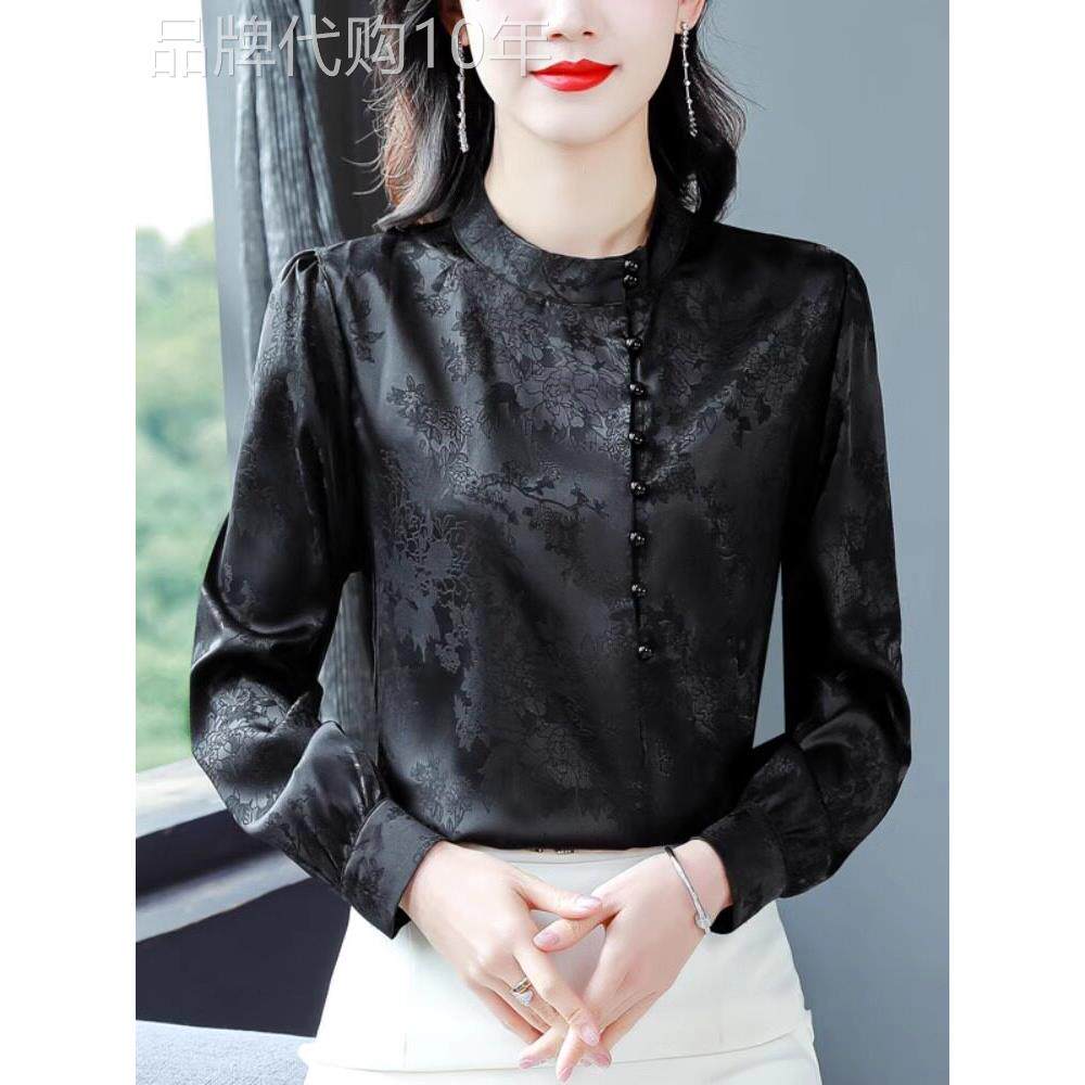 潮牌中国风立领衬衫女士长袖春季2025年新款香云纱印花上衣服小衫