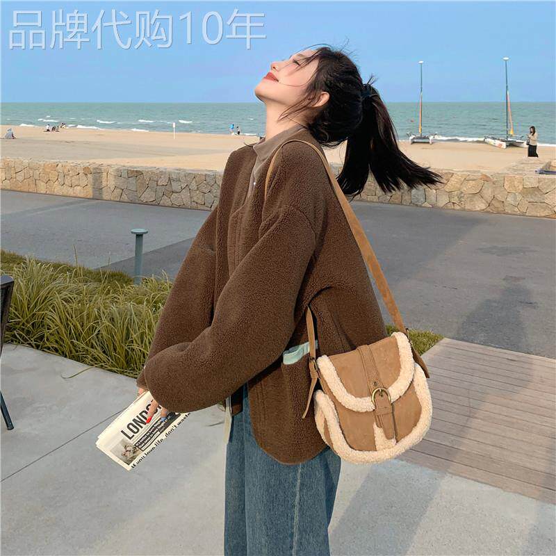 咖色美拉德羊羔毛外套女2025秋韩系机车皮毛一体V领宽松短款上衣