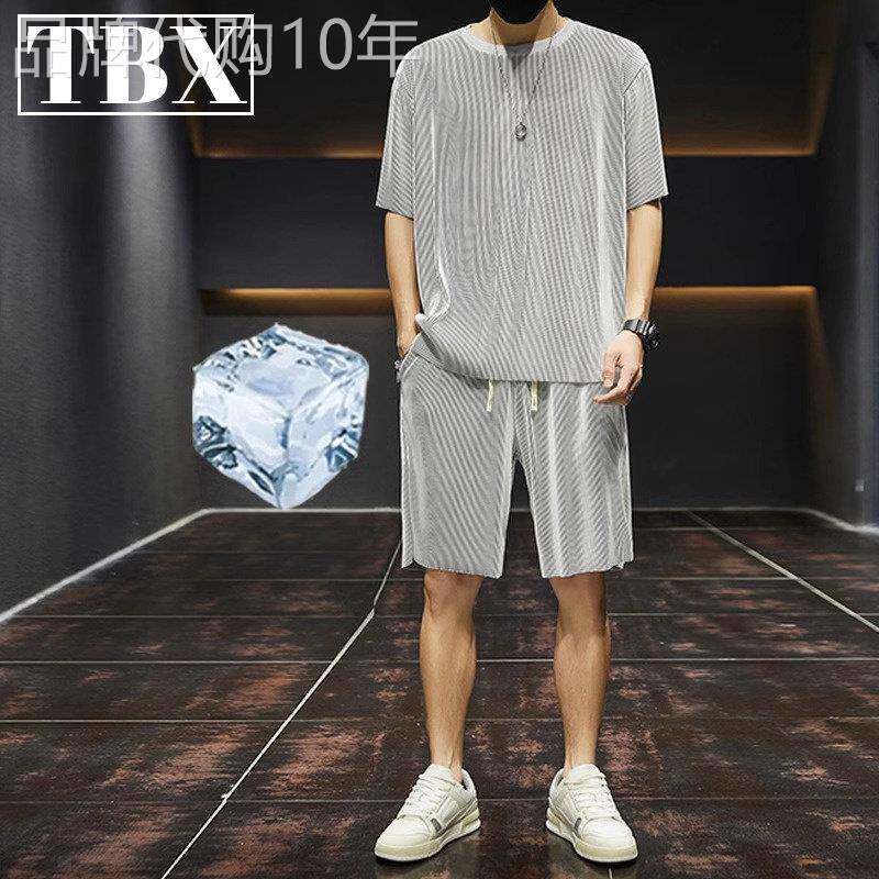冰丝休闲运动套装男士夏季薄款速干短袖t恤男款短裤一套2026新款