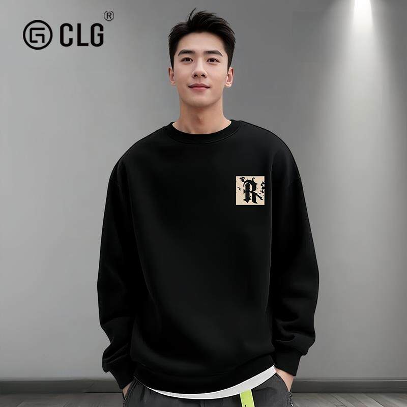 香港CLG潮牌卫衣男士秋冬圆领套头衫黑色上衣宽松长袖运动服百搭