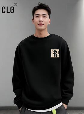 香港CLG潮牌卫衣男士秋冬圆领套头衫黑色上衣宽松长袖运动服百搭