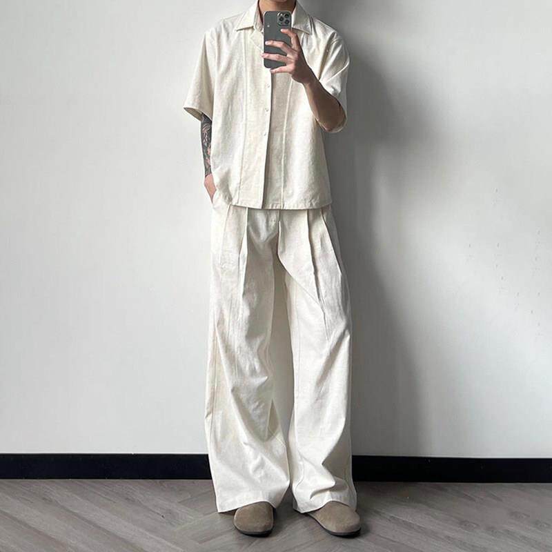 高端老钱风亚麻套装男款2026夏季假两件双领衬衫搭配休闲裤一整套