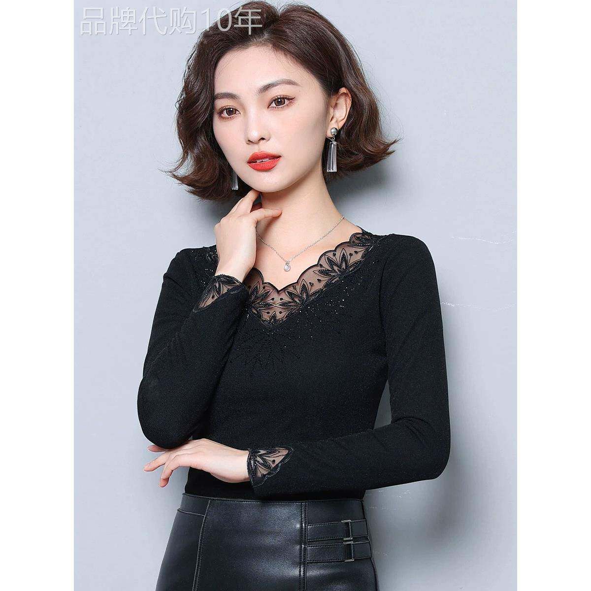 黑色蕾丝打底衫女秋冬装新款加绒加厚保暖休闲 女士V领长袖T恤上