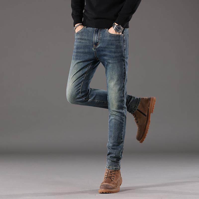意大利高端复古蓝色牛仔裤男秋冬新款加绒加厚修身小脚弹力休闲裤